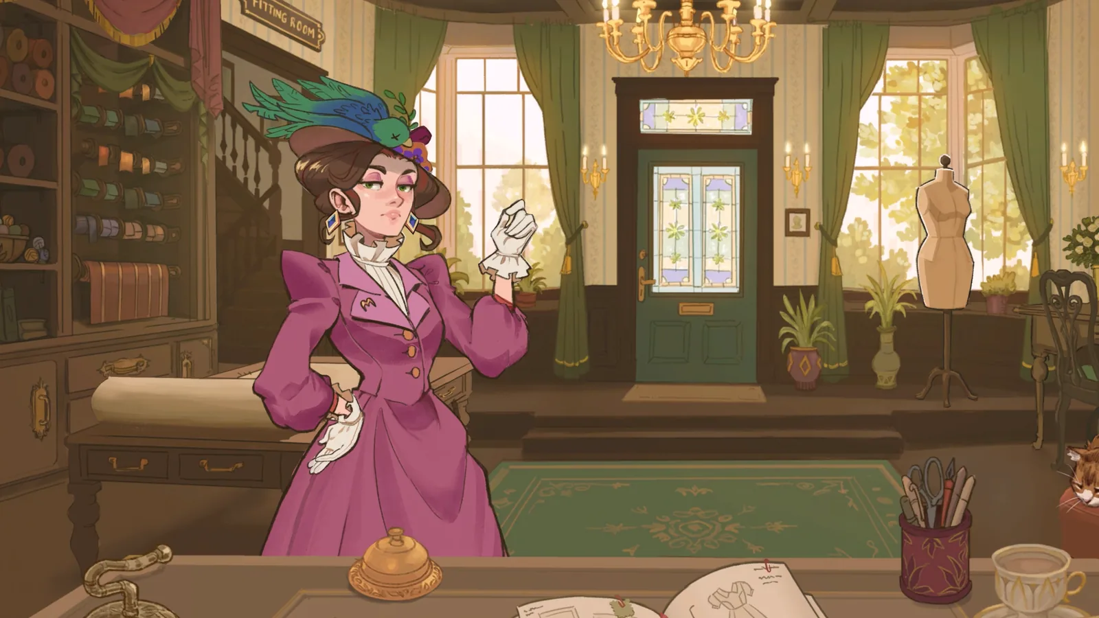 Prudence at the dress shop counter in the full version of Dressmaker