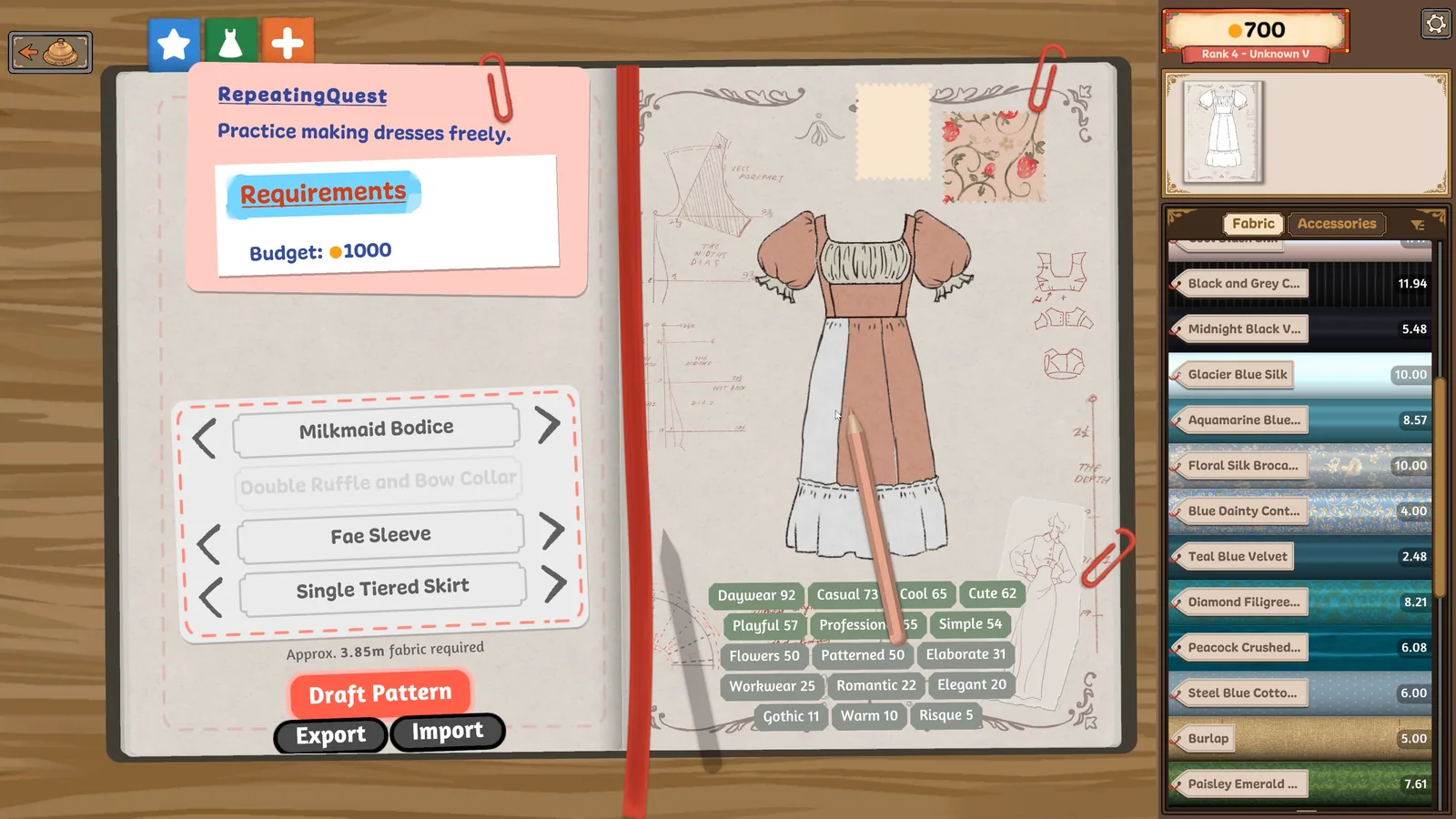 Drafting a dress design in the sketchbook in the full version of Dressmaker