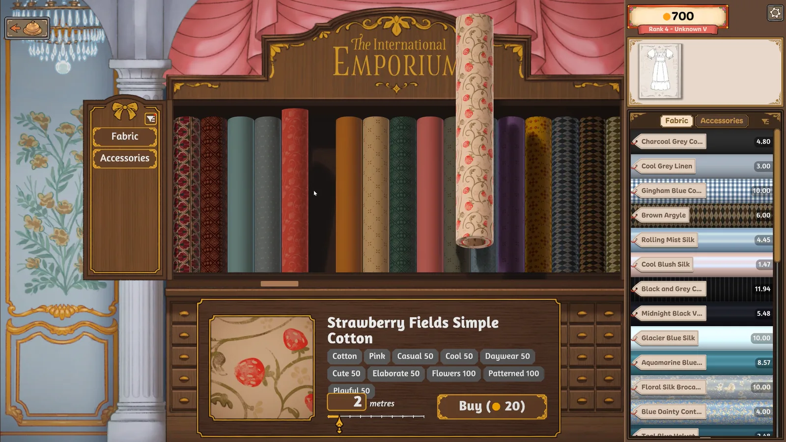 Browsing bolts of fabric in the full version of Dressmaker
