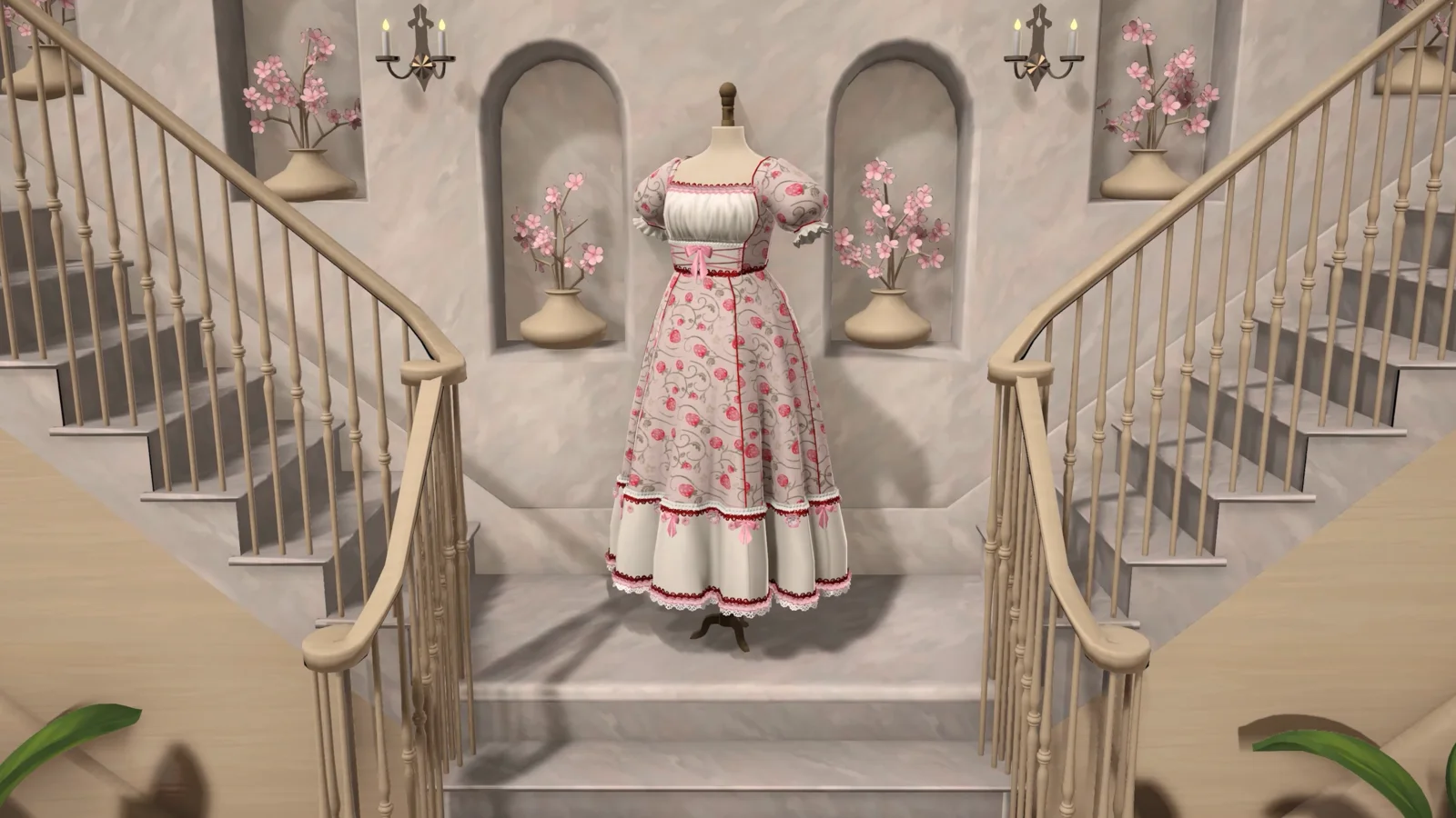 Official Dressmaker example with decorative trim around a floral dress neckline and layered hems